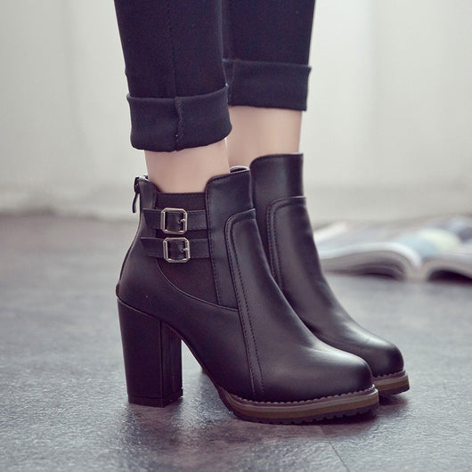Botas Retro Británicas de Tacón Alto con Hebilla y Elástico para Mujer