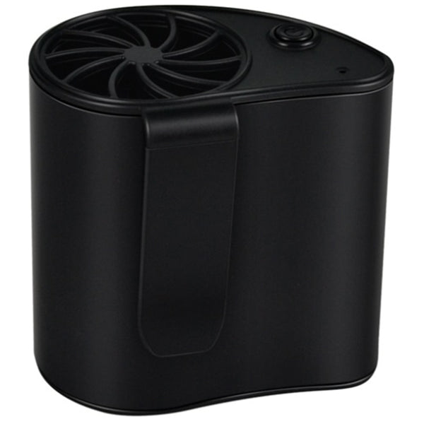 Close-up of a finger pressing the power button on a silver-grey portable waist fan with a black fan grill. - Image 6