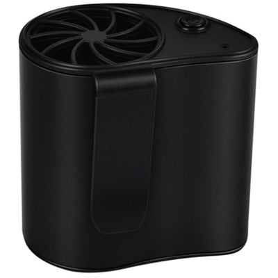Close-up of a finger pressing the power button on a silver-grey portable waist fan with a black fan grill. - Image 6