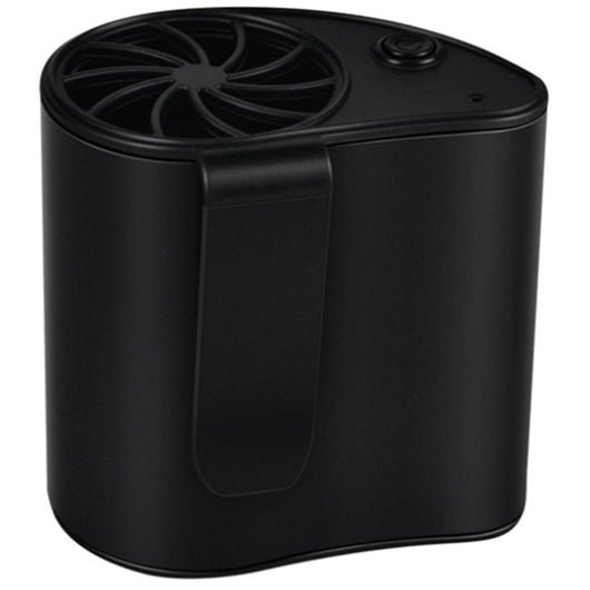 Close-up of a finger pressing the power button on a silver-grey portable waist fan with a black fan grill. - Image 6