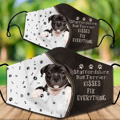 Two cotton face masks with a Bichon Frise dog, paw prints, and bones on a white and brown background. Text reads "Bichon Frise KISSES FIX EVERYTHING." - Image 66