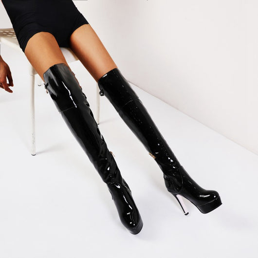 Botas Altas Hasta la Rodilla en Charol con Tacón Alto para Mujer Talla Grande - Image 9