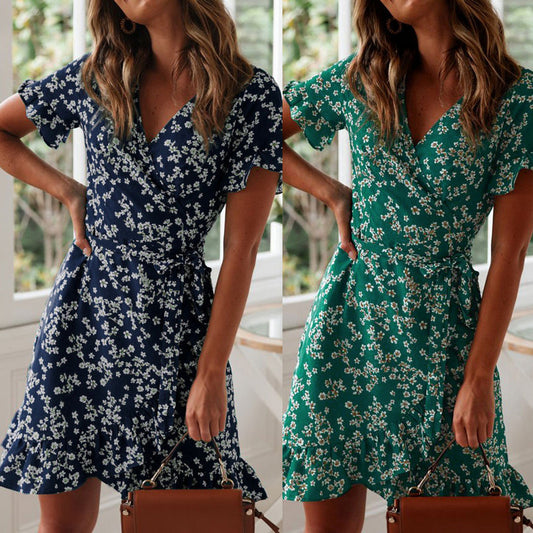 Vestido Floral de Gasa con Escote V y Cordones