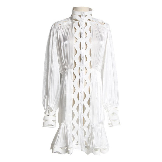 Vestido Camisero Coreano Hueco con Cuello Alto y Manga Larga