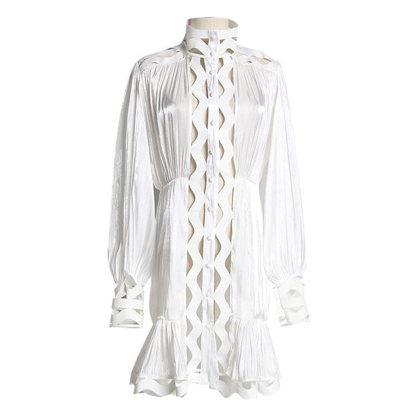 Vestido Camisero Coreano Hueco con Cuello Alto y Manga Larga