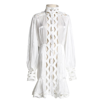 Vestido Camisero Coreano Hueco con Cuello Alto y Manga Larga