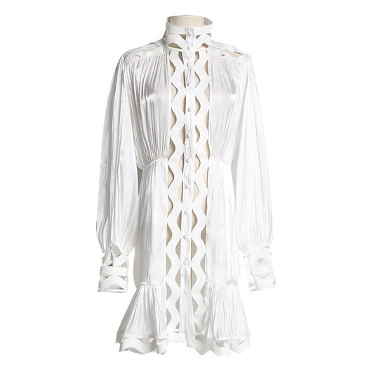 Vestido Camisero Coreano Hueco con Cuello Alto y Manga Larga