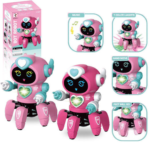 Pink and blue smart dancing robot toy with six legs, LED lights, and a smiling face on its screen. - Image 3