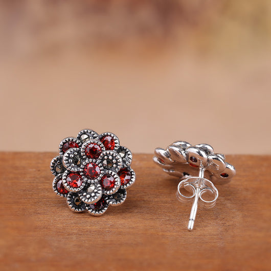Aretes de Plata 925 Flor con Zircón Rojo para Mujer - Image 6