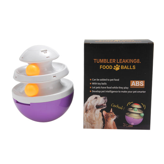 Orange and blue interactive pet food dispenser toy with multiple tiers and white balls, next to its black packaging. - Image 14