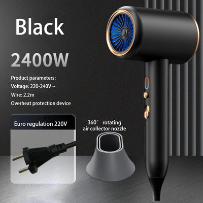Gray professional hair dryer with a blue fan, 1875W, shown with a US 110V plug and a rotating air collector nozzle. - Image 10