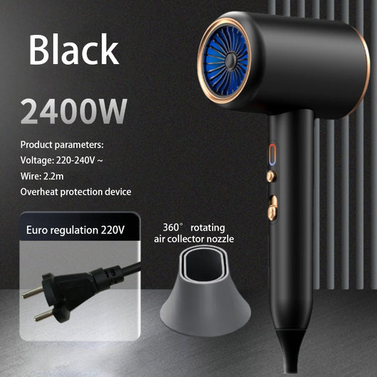 Gray professional hair dryer with a blue fan, 1875W, shown with a US 110V plug and a rotating air collector nozzle. - Image 10