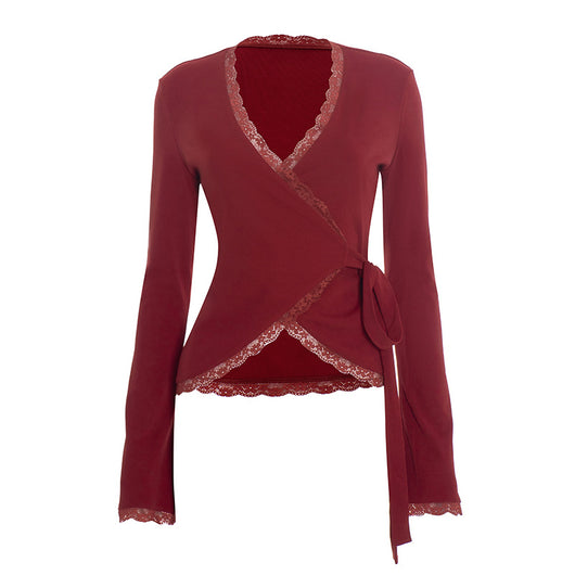 Blusa Escote en V Profundo con Cruzado Frontal y Encaje - Image 12