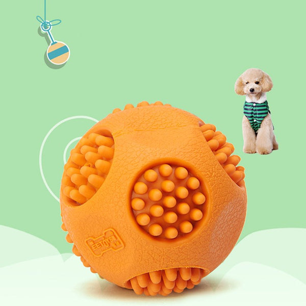 Orange textured pet toy ball with nubs and a bone-shaped logo, measuring 6cm, designed for chewing and sounding.
