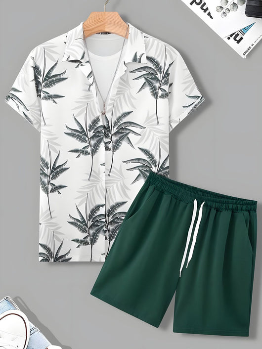 Conjunto de Camisa Hawaiana Hombre a Rayas Blanco y Negro - Image 9