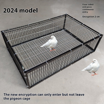 Black wire pigeon cage with a flat top and bottom, designed for one-way entry, shown on a gray surface.