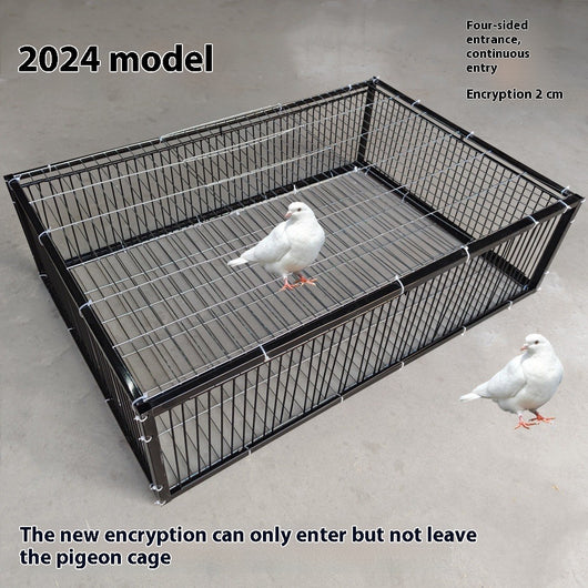 Black wire pigeon cage with a flat top and bottom, designed for one-way entry, shown on a gray surface.