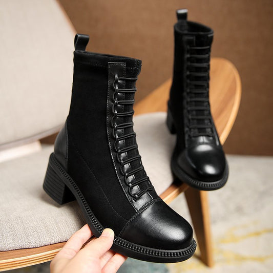Botas Tobilleras Estilo Británico con Tacón Bajo y Caña Gruesa