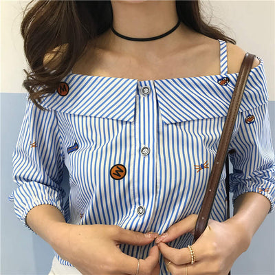 Blusa Rayada Hombros Descubiertos con Cuello Cosido - Image 11