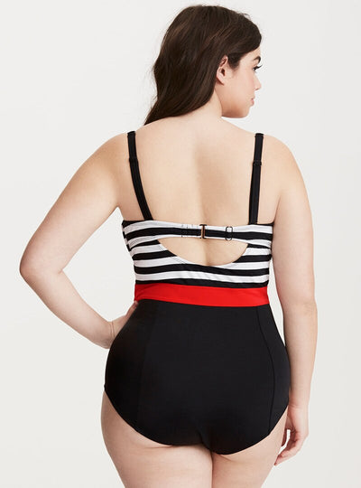 Traje de Baño Enterizo Tallas Grandes con Estampado de Rayas Blanco y Negro - Image 6