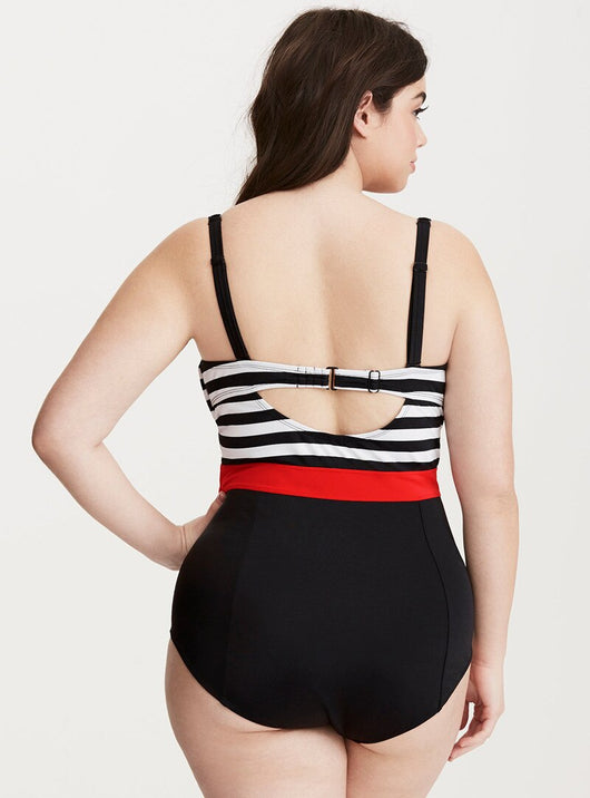Traje de Baño Enterizo Tallas Grandes con Estampado de Rayas Blanco y Negro - Image 6