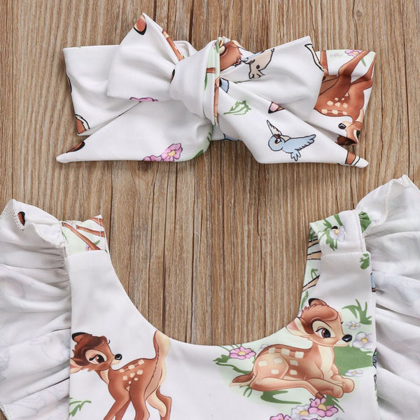 Conjunto de Verano para Bebé Niña con Venado Cartoon y Diadema con Lazo
