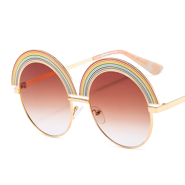 Metal rainbow large round frame sunglasses with pink gradient lenses and a gold-tone frame. - Image 2