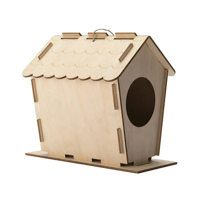 Unfinished wooden birdhouse with a scalloped roof, circular entrance, and hanging loop, ready for DIY decoration.