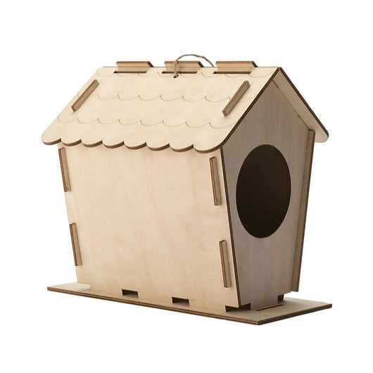 Unfinished wooden birdhouse with a scalloped roof, circular entrance, and hanging loop, ready for DIY decoration.
