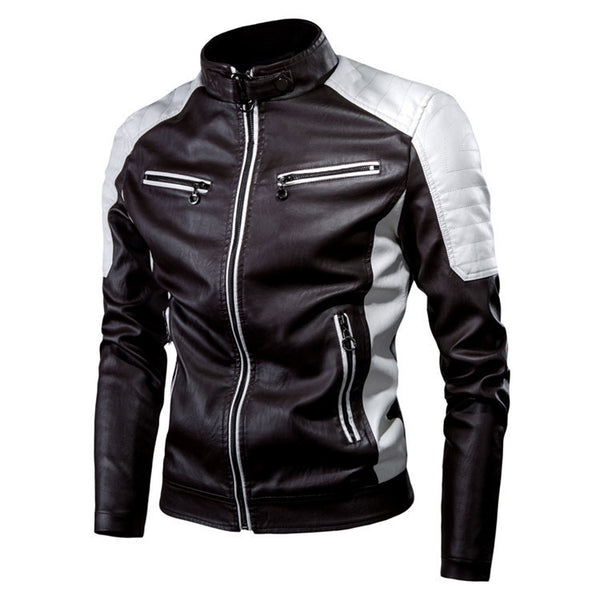 Chaqueta de Cuero Motociclista Casual con Costuras de Lana para Hombre