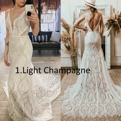 Vestido de Novia Bohemio con Escote V, Encaje y Tirantes Finos - Diseño Backless para Playa - Image 12