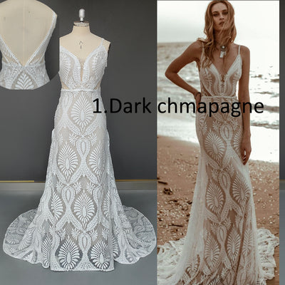 Vestido de Novia Bohemio con Escote V, Encaje y Tirantes Finos - Diseño Backless para Playa - Image 13