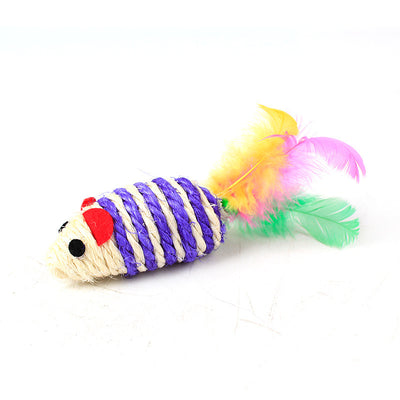 Five colorful sisal cat toy mice with red ears, black eyes, and some with vibrant feather tails. - Image 6