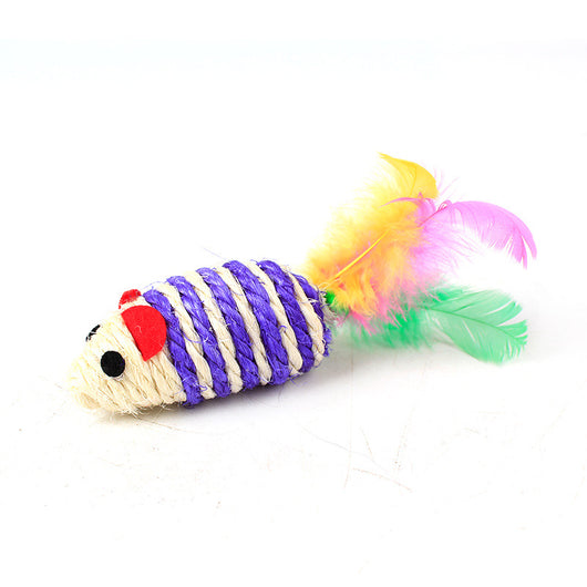 Five colorful sisal cat toy mice with red ears, black eyes, and some with vibrant feather tails. - Image 6