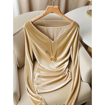 Blusa Champagne Escote V Manga Larga Plisada Terciopelo para Invierno - Image 4