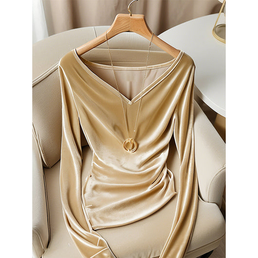 Blusa Champagne Escote V Manga Larga Plisada Terciopelo para Invierno - Image 4
