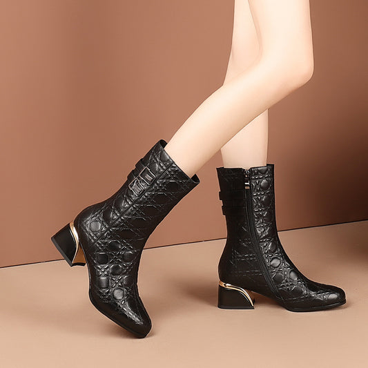Botas Altas de Caballero con Tacón Grueso y Forro de Terciopelo en Cuero Genuino