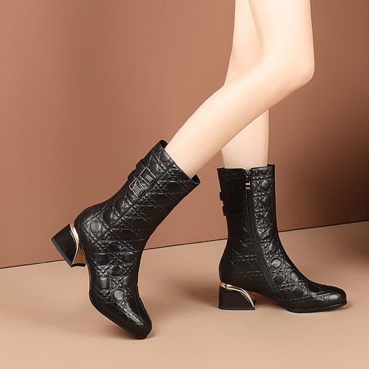 Botas Altas de Caballero con Tacón Grueso y Forro de Terciopelo en Cuero Genuino