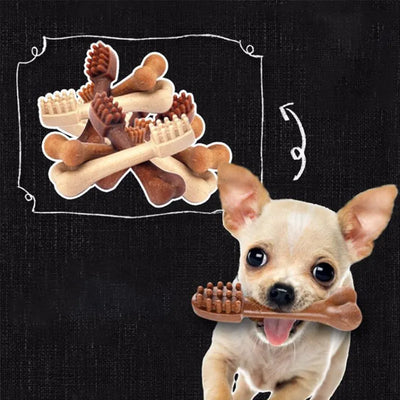 YaHo bone-shaped dog snacks in various brown and tan shades, some with dental nubs, in a black bowl. - Image 6