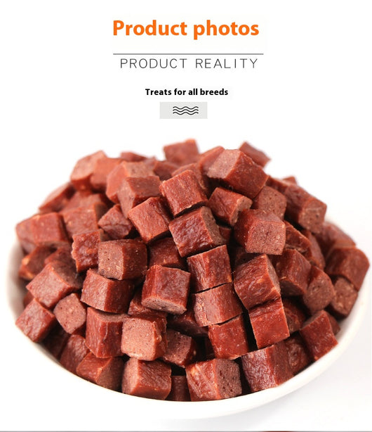 Three varieties of dog treats: dried beef cubes, seaweed beef dices, and chicken cubes, for training and rewards. - Image 16