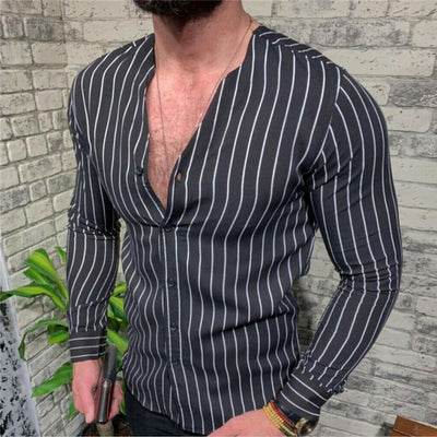 Camisa Ejecutiva de Rayas Amarilla con Cuello en V y Manga Larga - Image 3