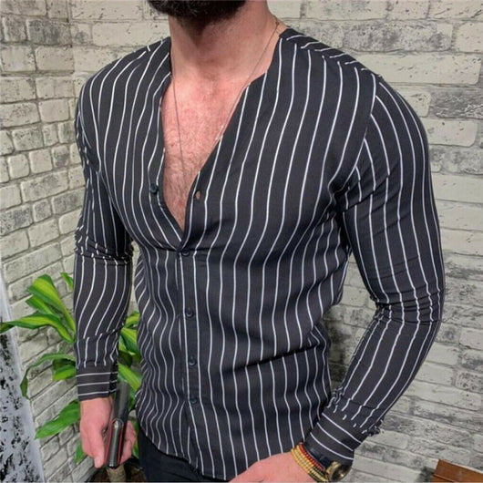 Camisa Ejecutiva de Rayas Amarilla con Cuello en V y Manga Larga - Image 3