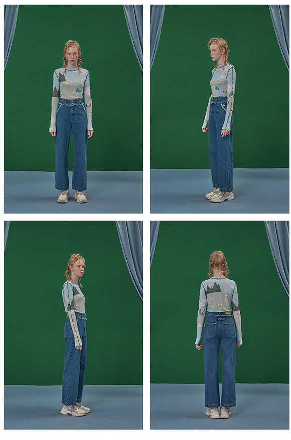 Blusa de Algodón Estampada con Diseño Patchwork y Bajo Texturizado