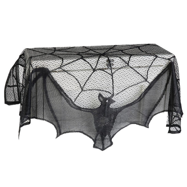 Black lace Halloween curtain with a spider web pattern and a hanging bat figure, perfect for spooky decor.
