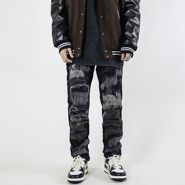 Jeans Rectos Vintage Desgastados con Roturas Personalizables para Hombre