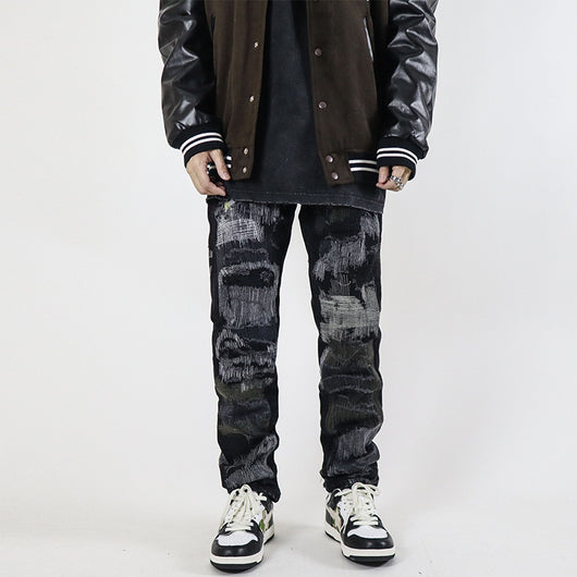 Jeans Rectos Vintage Desgastados con Roturas Personalizables para Hombre