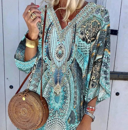 Vestido Bohemio Largo con Escote en V y Mangas Largas