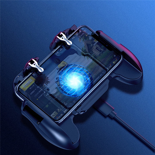 Black mobile gaming controller with a smartphone, featuring shoulder triggers and a glowing blue cooling fan. - Image 31