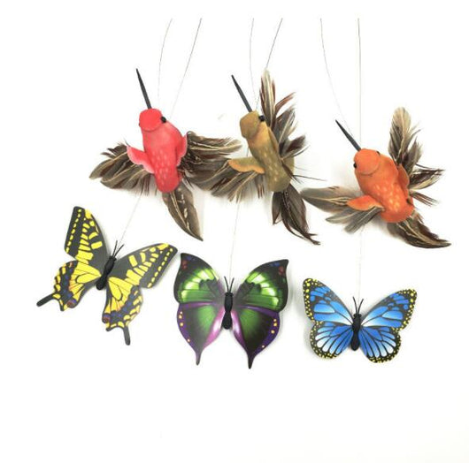 Electric pet toy with a row of white and yellow daisy flowers, green leaves, and five colorful feather birds on wires. - Image 3