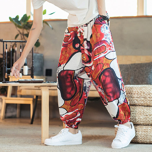 Pantalones Casuales para Hombre en Algodón y Lino con Estampado Estilo Chino